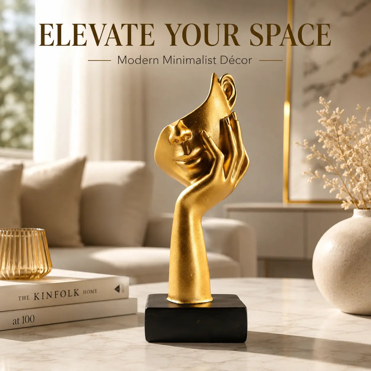 Modern Golden Face Sculpture Luxury Resin Decor Artistic Desktop Ornament Contemporary Home Office Accent Jumartins