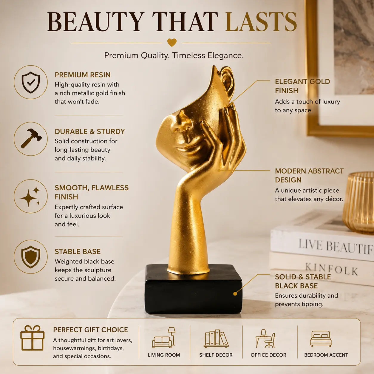 Modern Golden Face Sculpture Luxury Resin Decor Artistic Desktop Ornament Contemporary Home Office Accent Jumartins