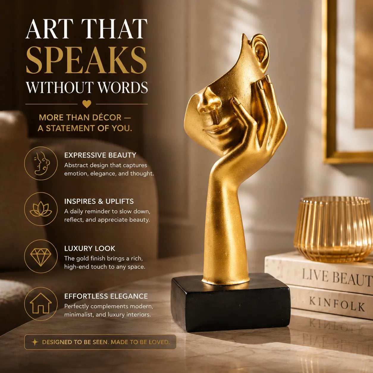 Modern Golden Face Sculpture Luxury Resin Decor Artistic Desktop Ornament Contemporary Home Office Accent Jumartins