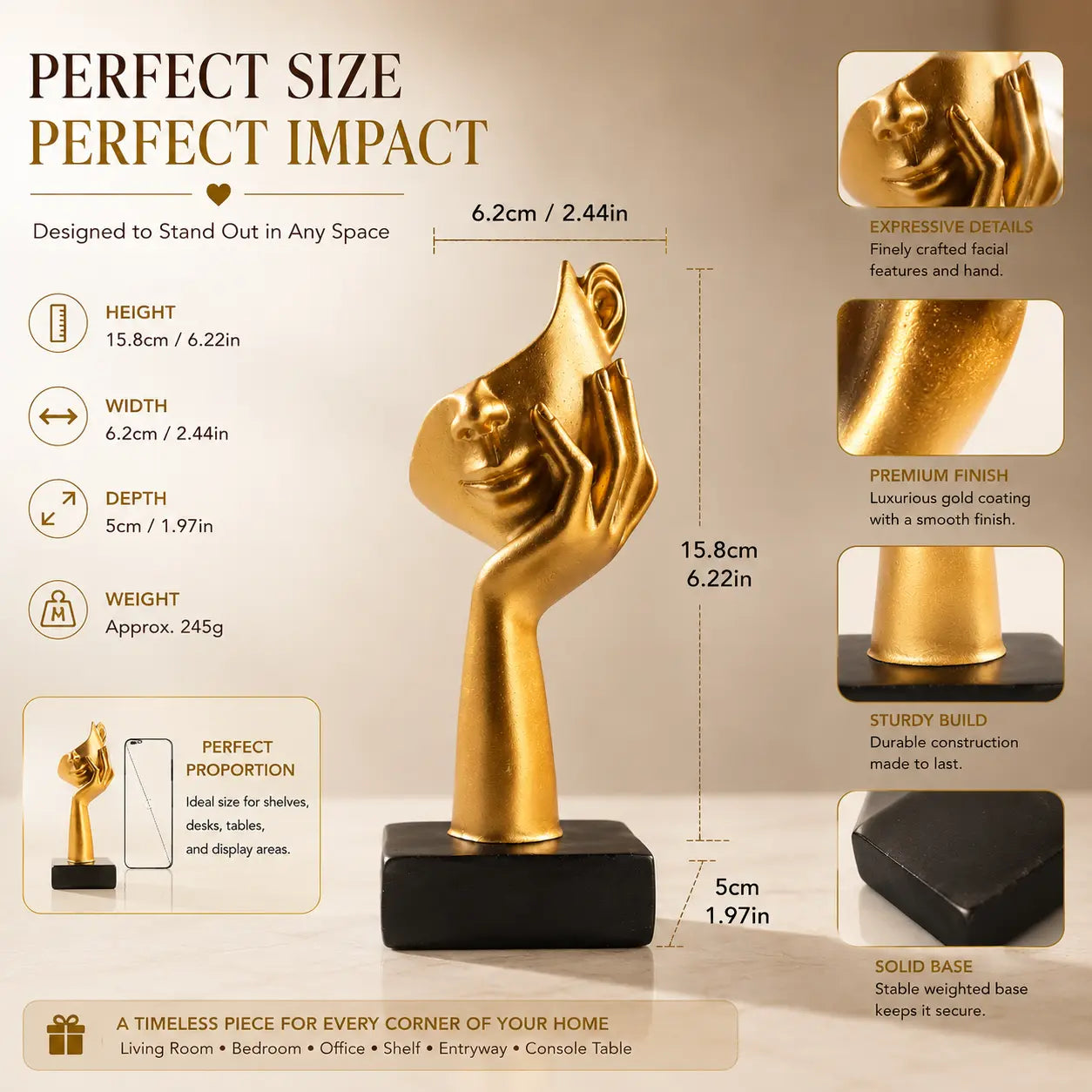 Modern Golden Face Sculpture Luxury Resin Decor Artistic Desktop Ornament Contemporary Home Office Accent Jumartins