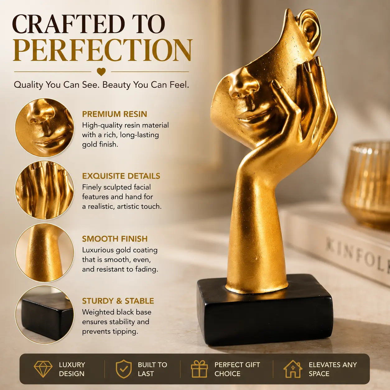 Modern Golden Face Sculpture Luxury Resin Decor Artistic Desktop Ornament Contemporary Home Office Accent Jumartins
