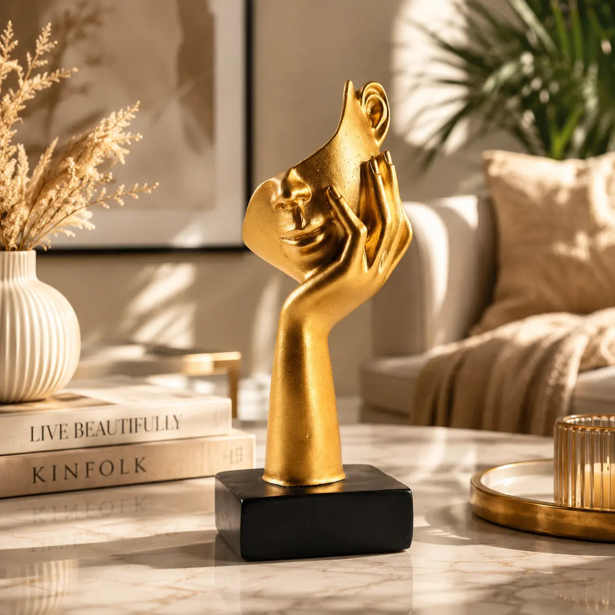Modern Golden Face Sculpture Luxury Resin Decor Artistic Desktop Ornament Contemporary Home Office Accent Jumartins