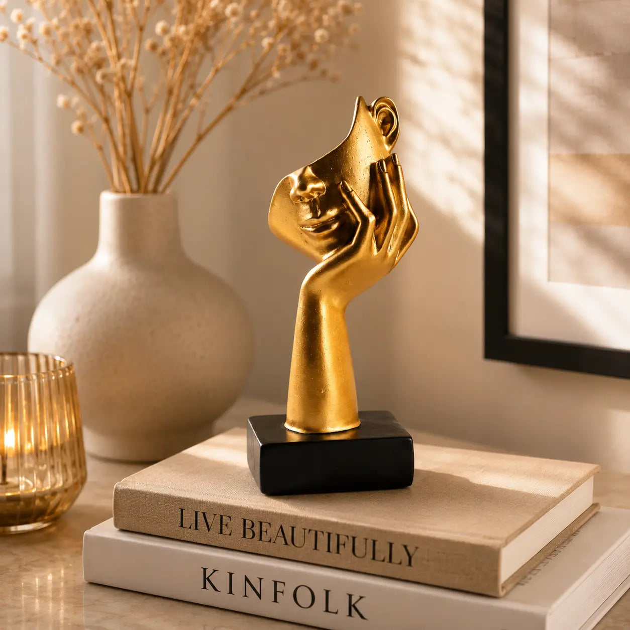 Modern Golden Face Sculpture Luxury Resin Decor Artistic Desktop Ornament Contemporary Home Office Accent Jumartins