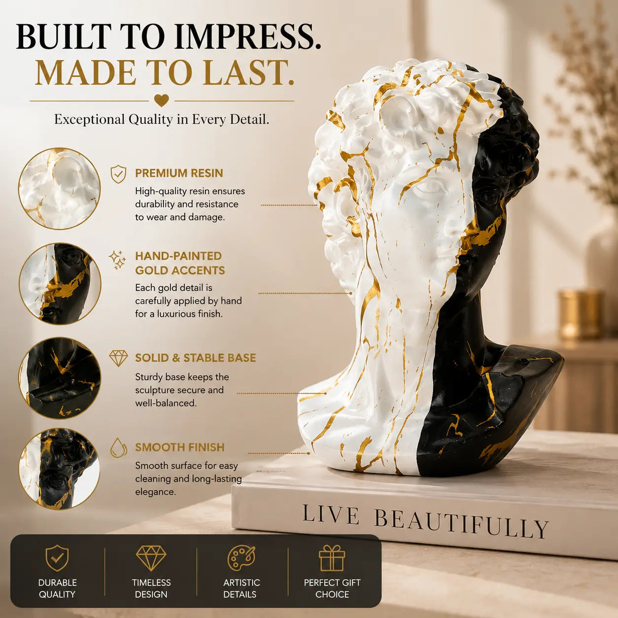 Modern David Bust Sculpture Luxury Resin Statue European Art Decor Home Office Shelf Accent Jumartins
