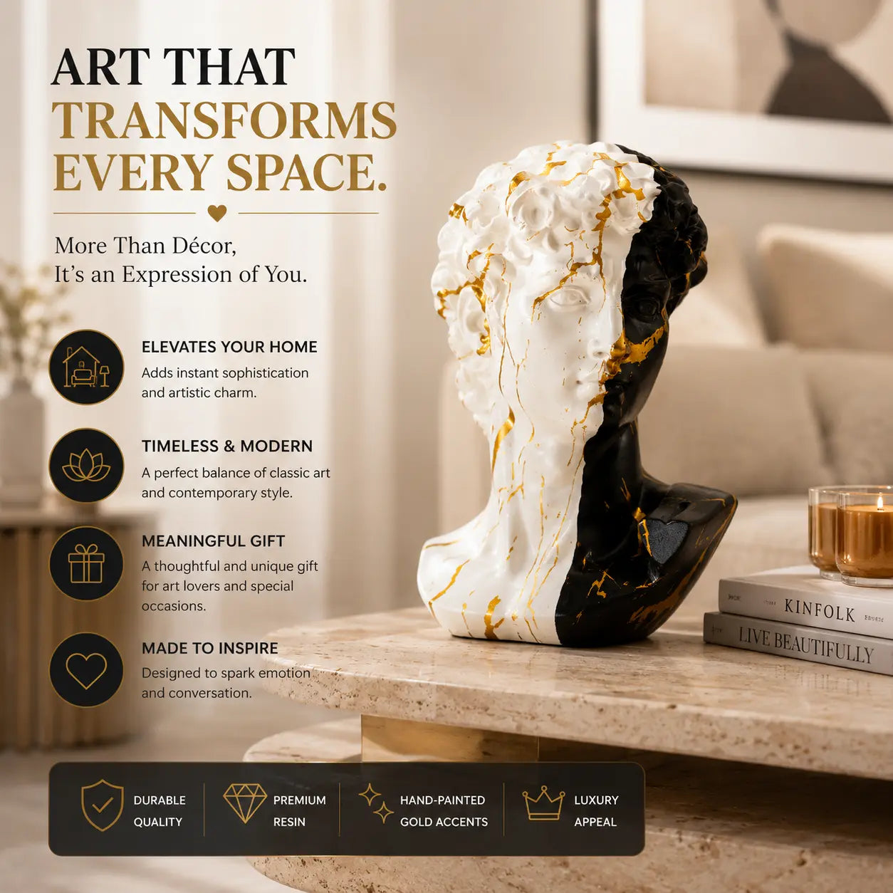 Modern David Bust Sculpture Luxury Resin Statue European Art Decor Home Office Shelf Accent Jumartins