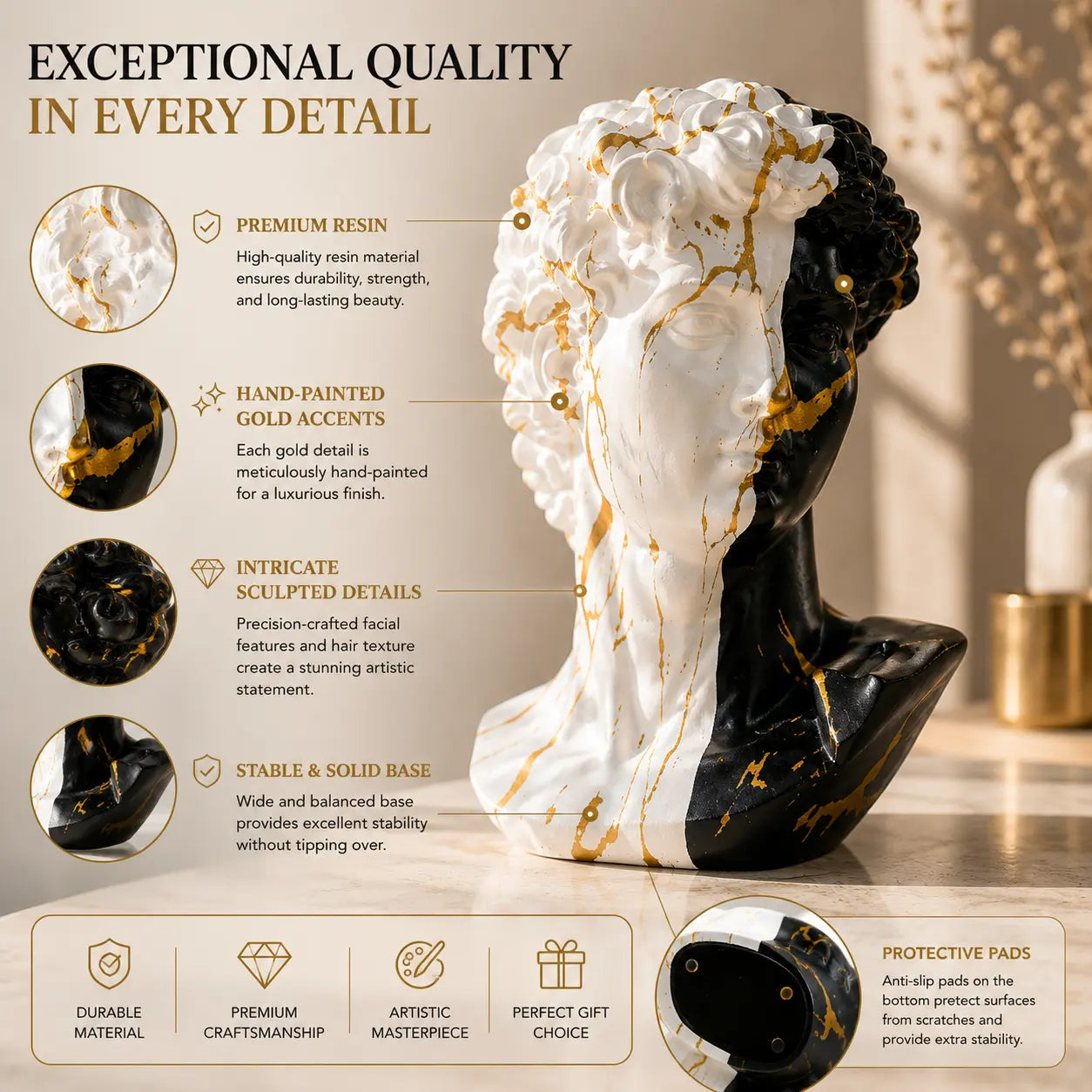 Modern David Bust Sculpture Luxury Resin Statue European Art Decor Home Office Shelf Accent Jumartins