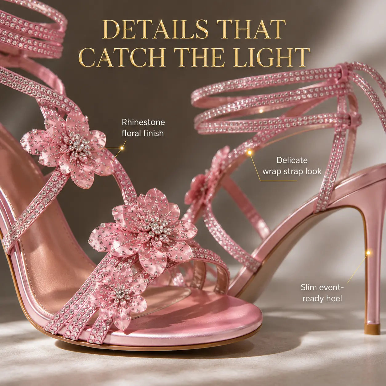 Pink Rhinestone Flower Stiletto Sandals | Wrap Strap Heels | Open Toe Party Shoes | Floral Dress Sandals | Sparkle Event Heels Jumartins