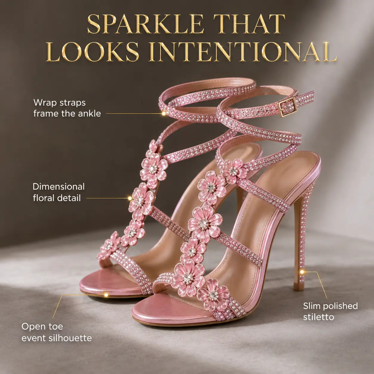 Pink Rhinestone Flower Stiletto Sandals | Wrap Strap Heels | Open Toe Party Shoes | Floral Dress Sandals | Sparkle Event Heels Jumartins