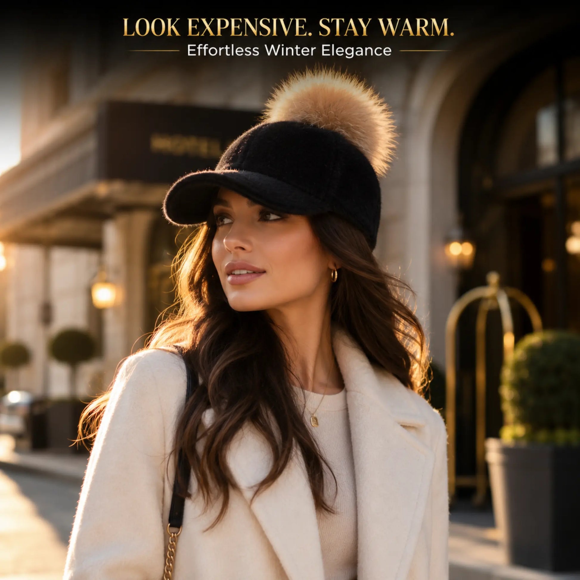 Luxury Faux Fur Pom Pom Baseball Cap for Women | Elegant Winter Fashion Hat | Warm Designer Style Winter Accessory Jumartins