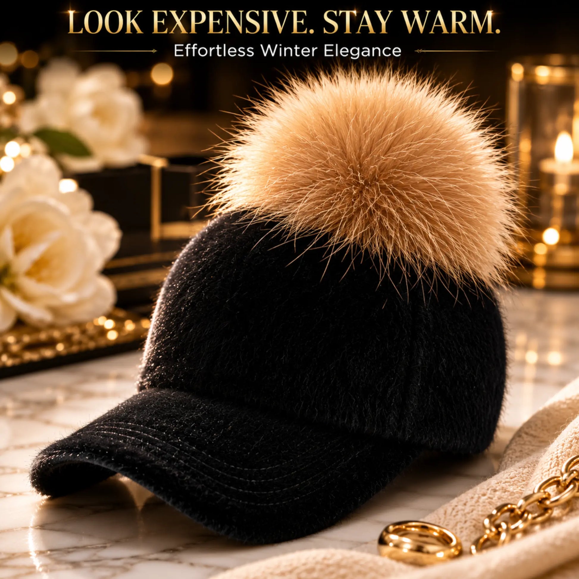 Luxury Faux Fur Pom Pom Baseball Cap for Women | Elegant Winter Fashion Hat | Warm Designer Style Winter Accessory Jumartins