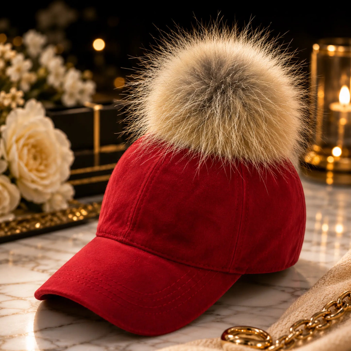 Luxury Faux Fur Pom Pom Baseball Cap for Women | Elegant Winter Fashion Hat | Warm Designer Style Winter Accessory Jumartins