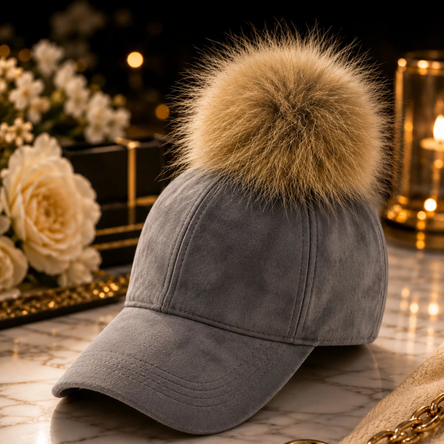 Luxury Faux Fur Pom Pom Baseball Cap for Women | Elegant Winter Fashion Hat | Warm Designer Style Winter Accessory Jumartins