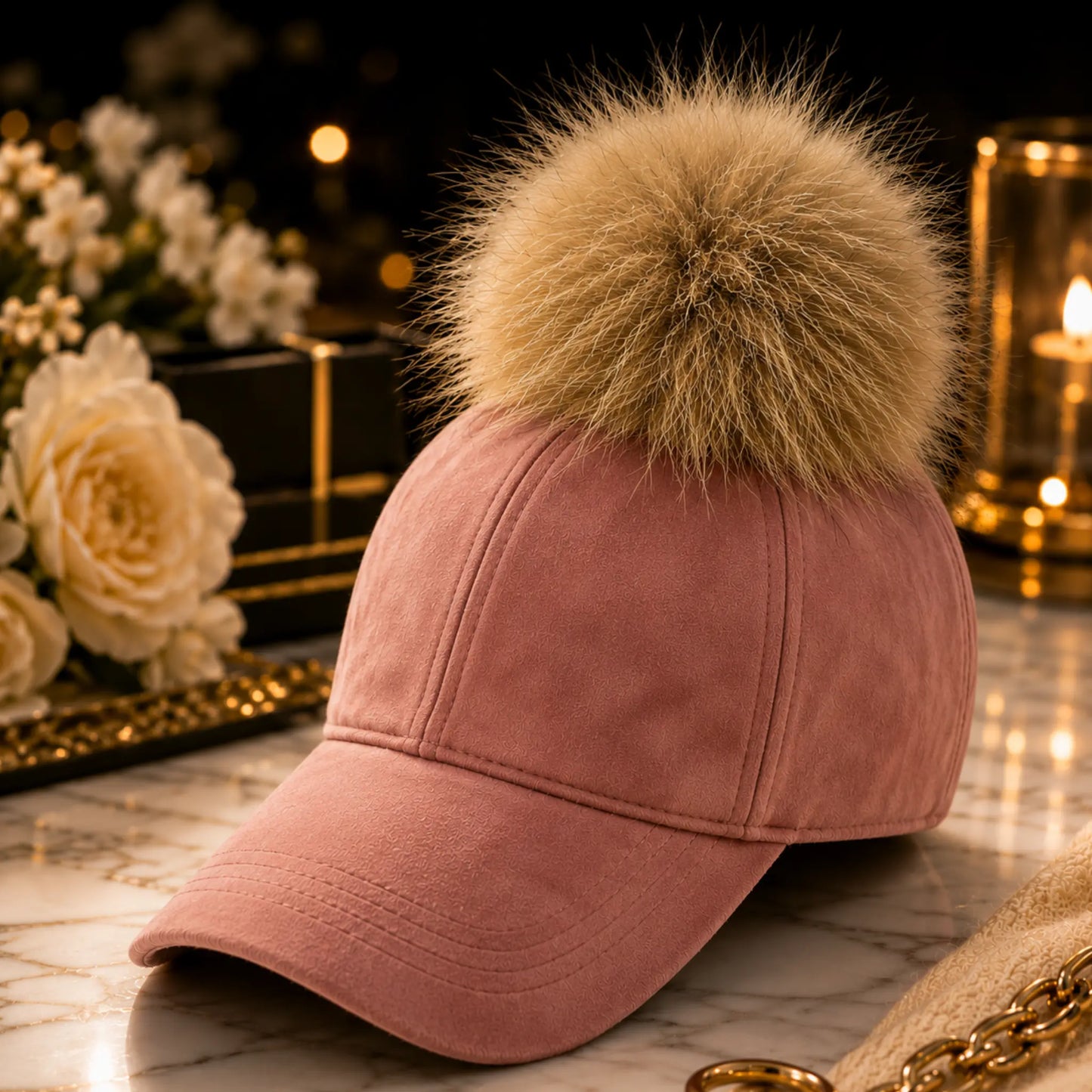 Luxury Faux Fur Pom Pom Baseball Cap for Women | Elegant Winter Fashion Hat | Warm Designer Style Winter Accessory Jumartins