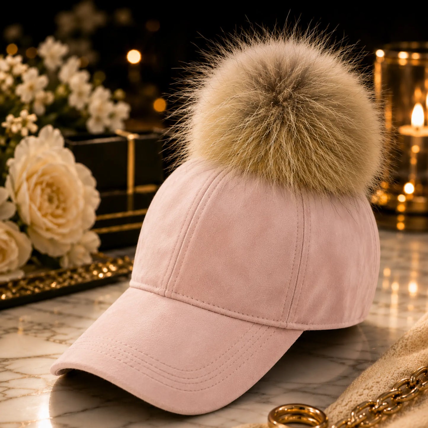 Luxury Faux Fur Pom Pom Baseball Cap for Women | Elegant Winter Fashion Hat | Warm Designer Style Winter Accessory Jumartins