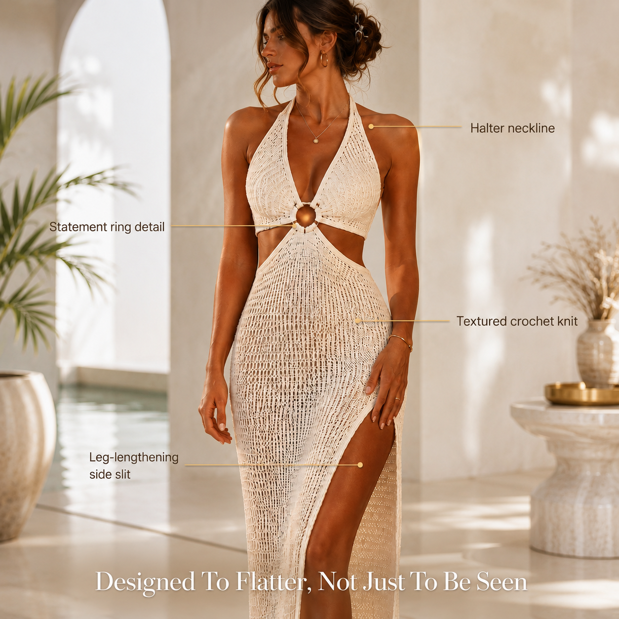 Women’s Crochet Halter Dress | Cutout Maxi Cover Up | Side Slit Knit Dress | Resort Vacation Outfit | Beach Club Style