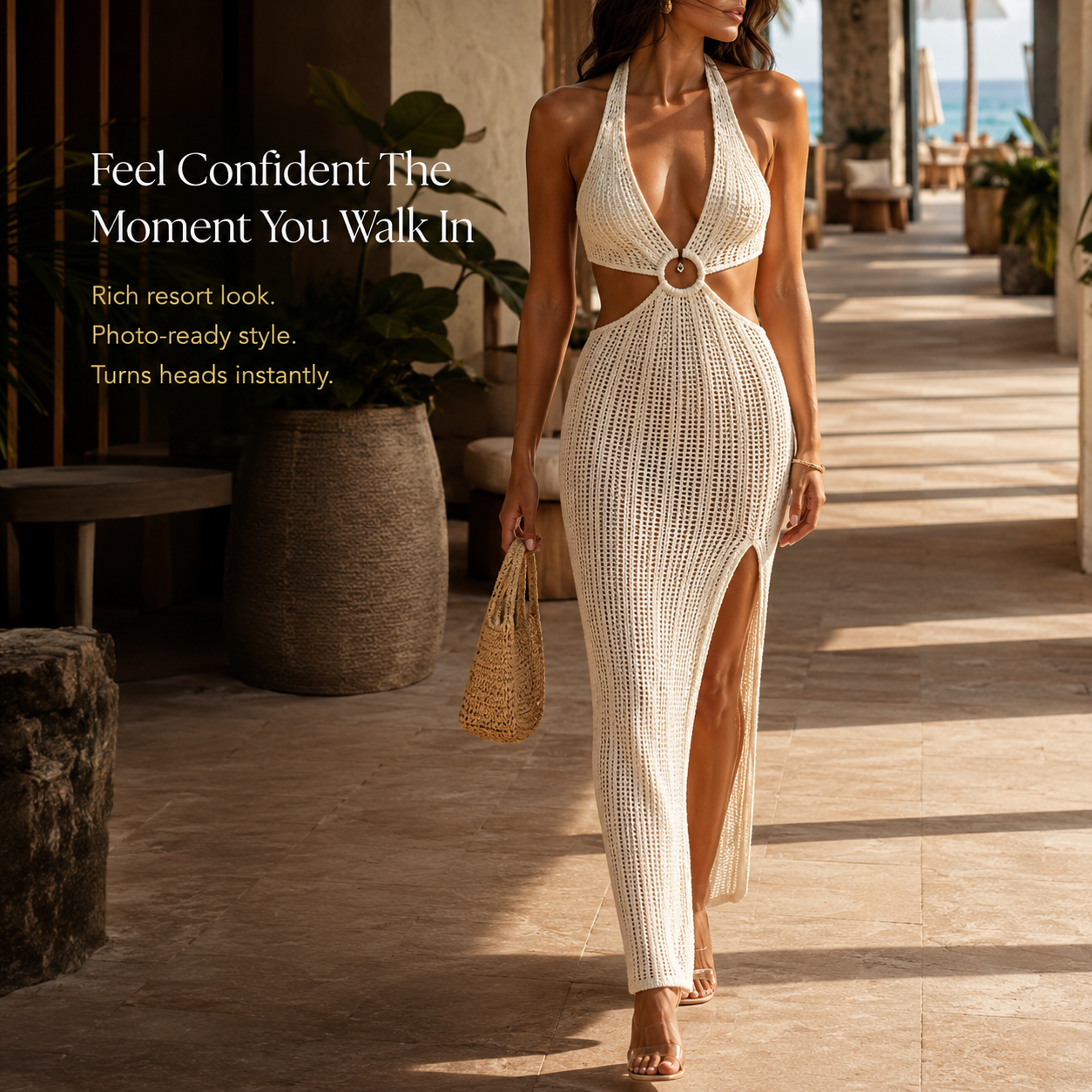 Women’s Crochet Halter Dress | Cutout Maxi Cover Up | Side Slit Knit Dress | Resort Vacation Outfit | Beach Club Style