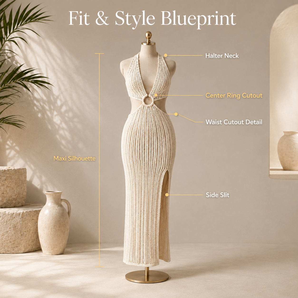 Women’s Crochet Halter Dress | Cutout Maxi Cover Up | Side Slit Knit Dress | Resort Vacation Outfit | Beach Club Style
