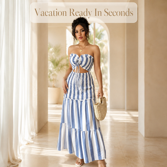Women’s Striped Bandeau Set | Tie Front Crop Top | Smocked Maxi Skirt | Resort Vacation Summer Outfit