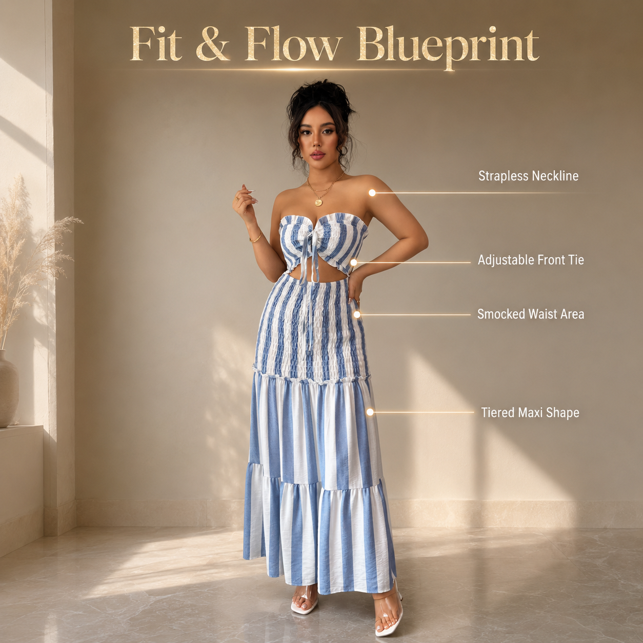 Women’s Striped Bandeau Set | Tie Front Crop Top | Smocked Maxi Skirt | Resort Vacation Summer Outfit