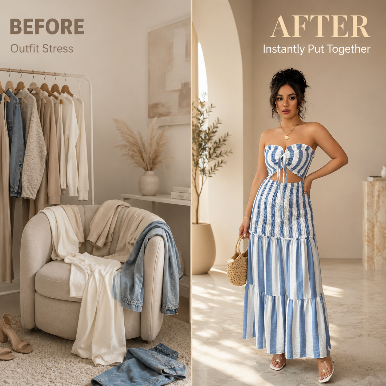 Women’s Striped Bandeau Set | Tie Front Crop Top | Smocked Maxi Skirt | Resort Vacation Summer Outfit