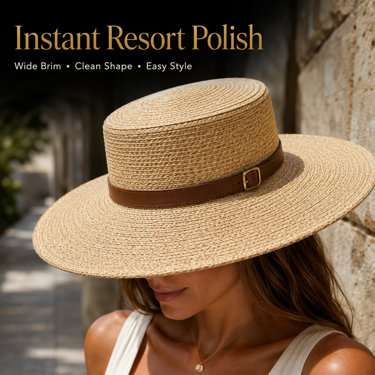 Women’s Wide Brim Straw Hat | Belt Band Fedora | Flat Top Summer Cap | Beach Resort Accessory | Travel Outfit Accent