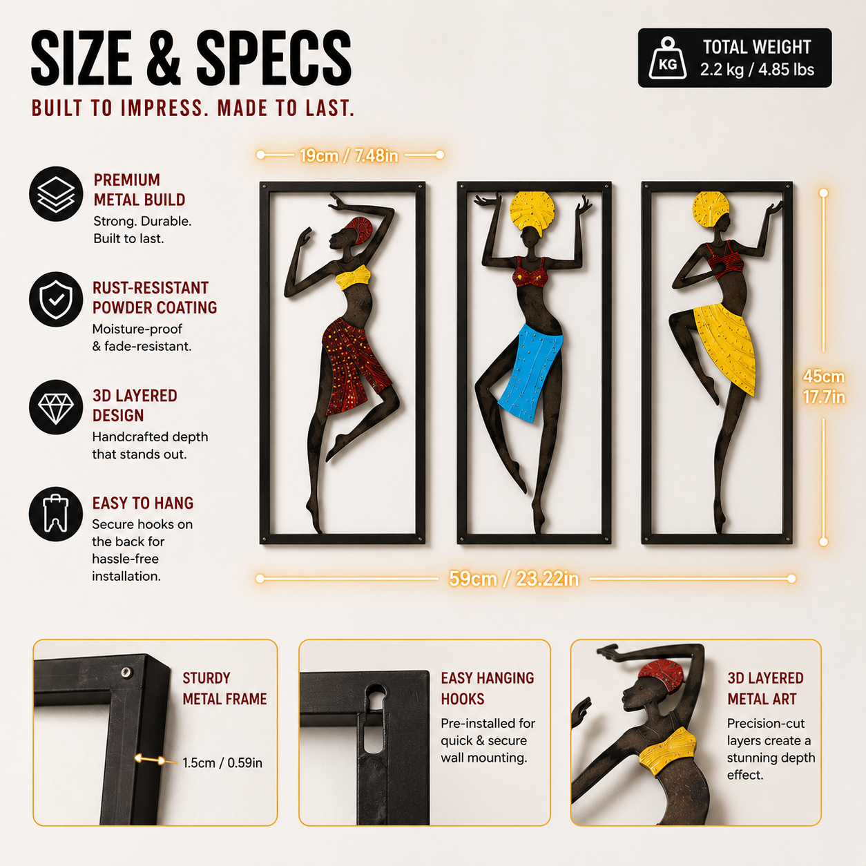 African Tribal Wall Art Set | Metal Wall Decor Panels | Modern Living Room Artwork