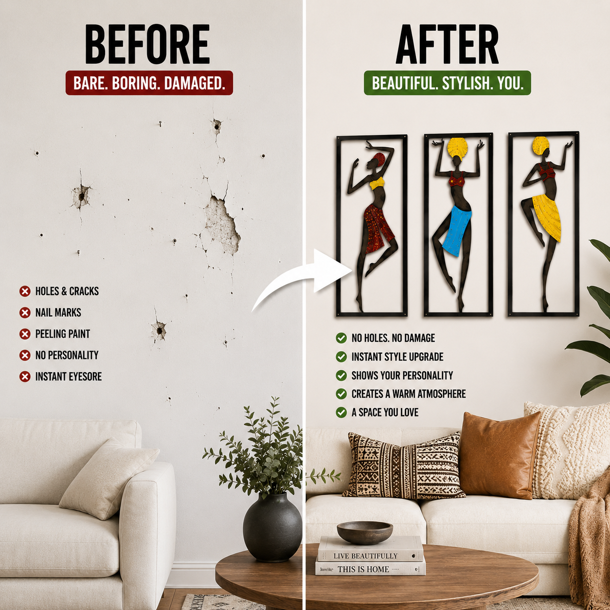 African Tribal Wall Art Set | Metal Wall Decor Panels | Modern Living Room Artwork