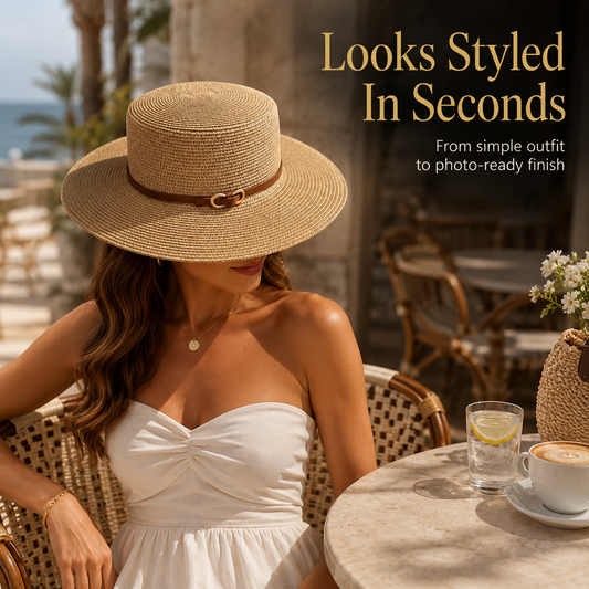 Women’s Wide Brim Straw Hat | Belt Band Fedora | Flat Top Summer Cap | Beach Resort Accessory | Travel Outfit Accent
