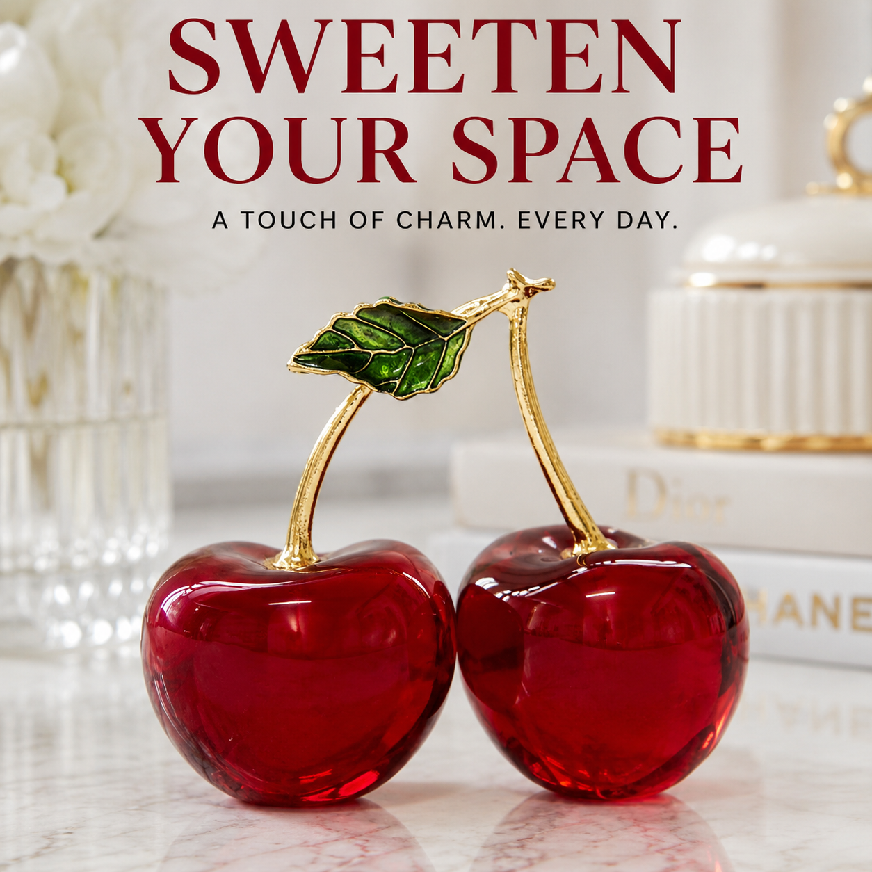 Luxury Crystal Cherry Ornament | Modern Home Decor Sculpture | Elegant Tabletop Gift