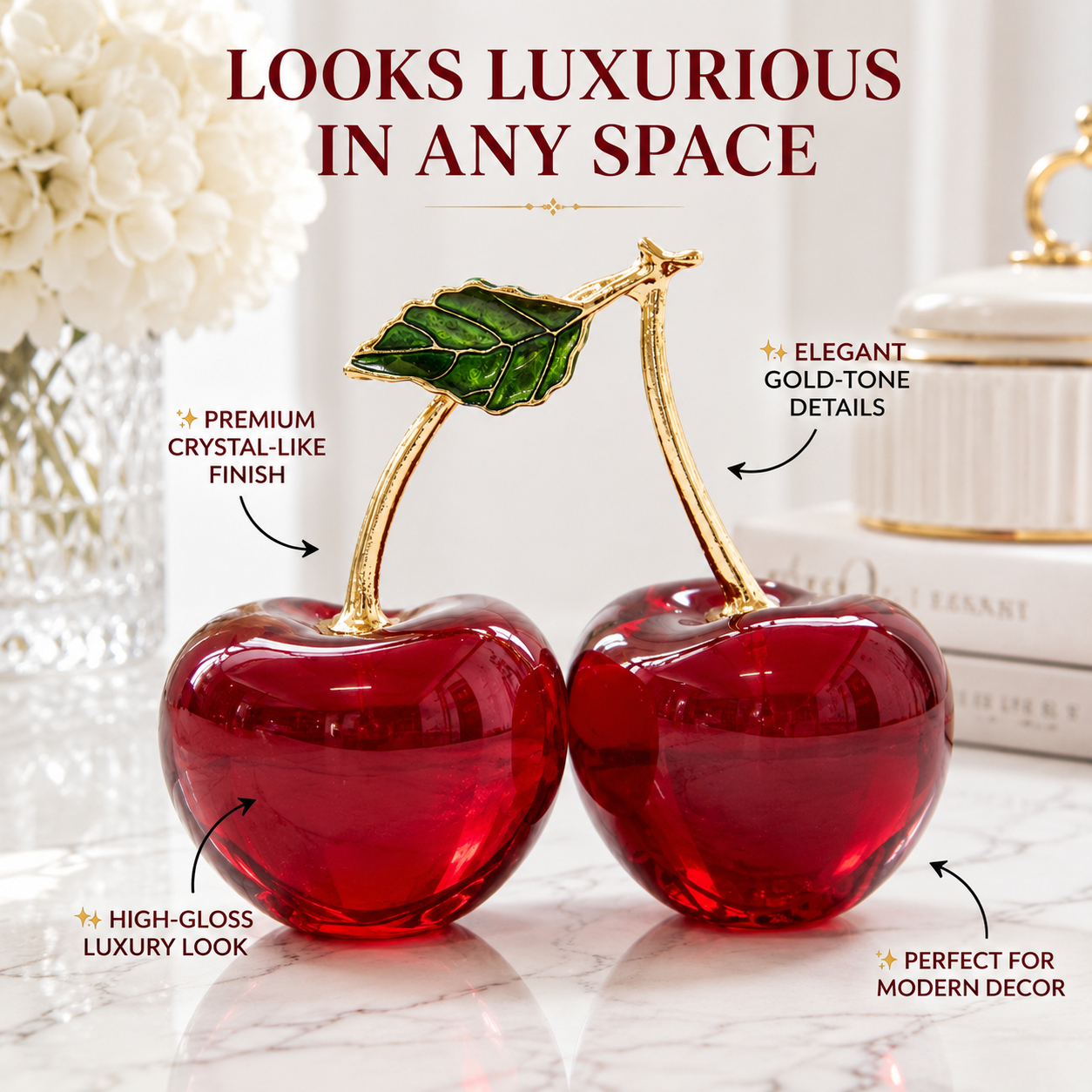 Luxury Crystal Cherry Ornament | Modern Home Decor Sculpture | Elegant Tabletop Gift