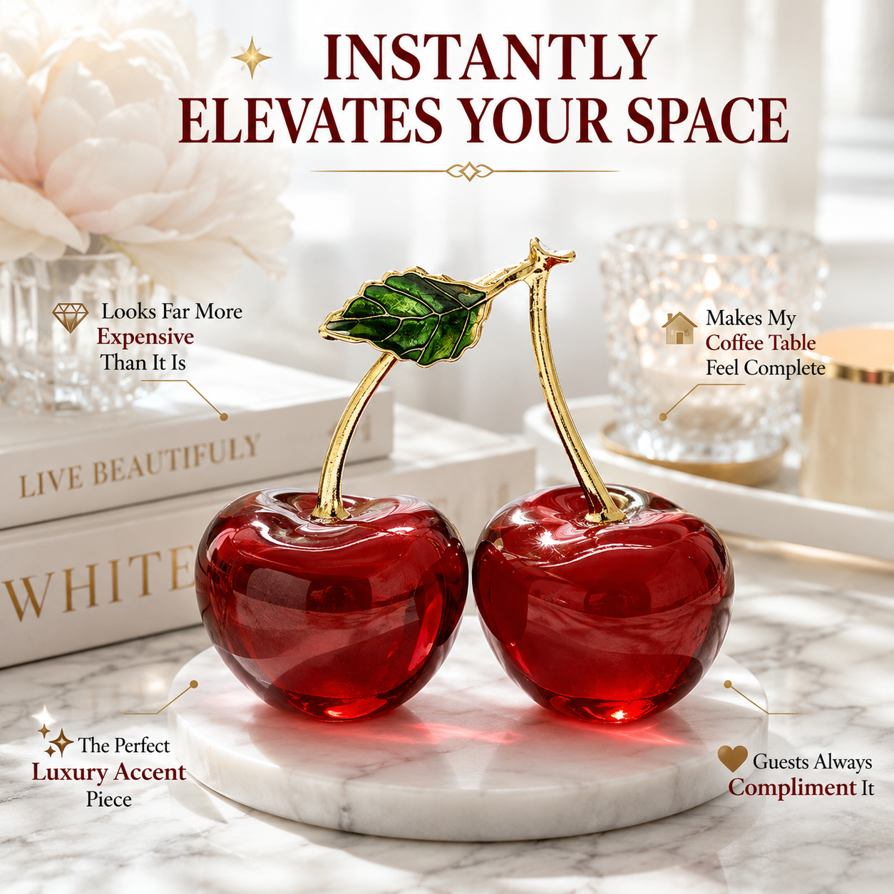Luxury Crystal Cherry Ornament | Modern Home Decor Sculpture | Elegant Tabletop Gift