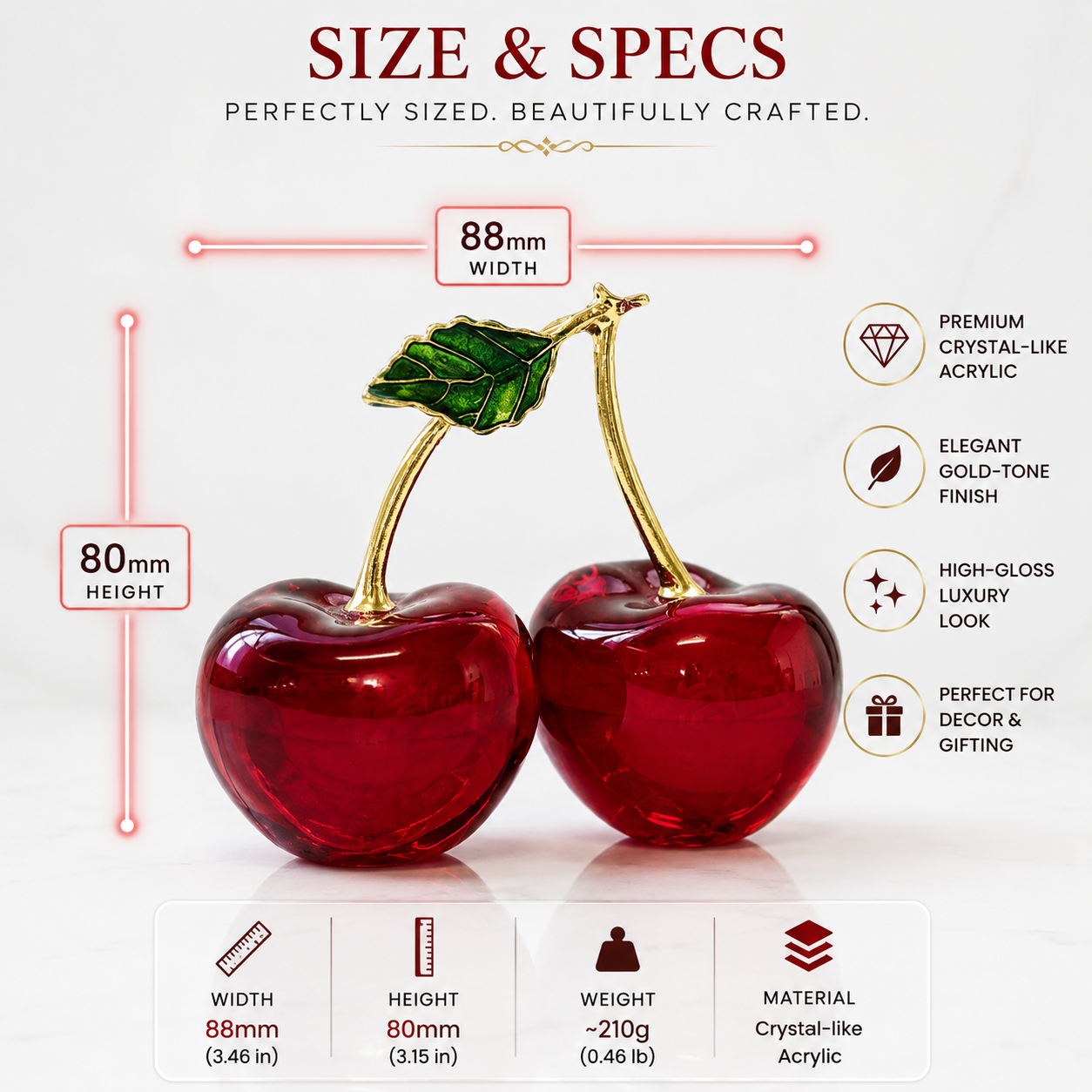 Luxury Crystal Cherry Ornament | Modern Home Decor Sculpture | Elegant Tabletop Gift