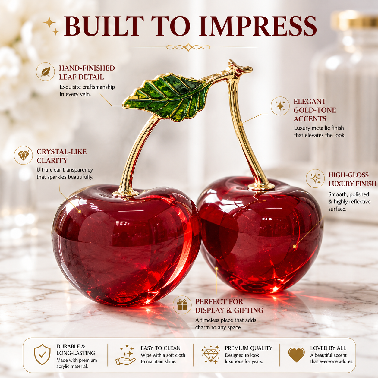 Luxury Crystal Cherry Ornament | Modern Home Decor Sculpture | Elegant Tabletop Gift