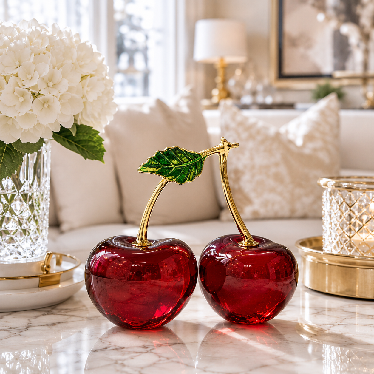 Luxury Crystal Cherry Ornament | Modern Home Decor Sculpture | Elegant Tabletop Gift