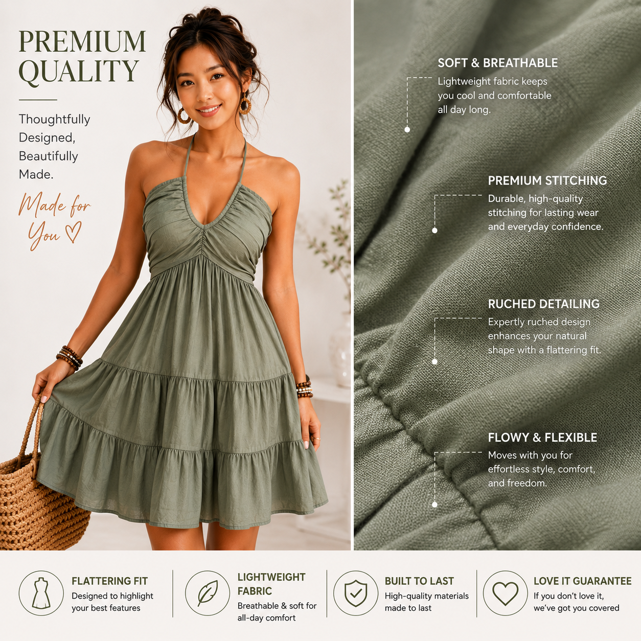 Womens Halter Mini Dress | Ruched Summer Sundress | Flowy Boho Vacation Outfit