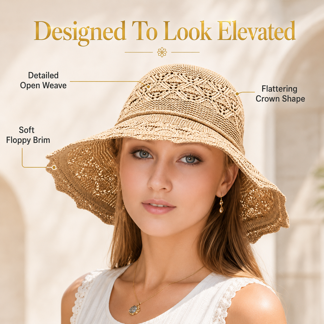 Women Crochet Sun Hat | Wide Brim Woven Beach Hat | Soft Floppy Summer Cap | Resort Vacation Outfit Accessory