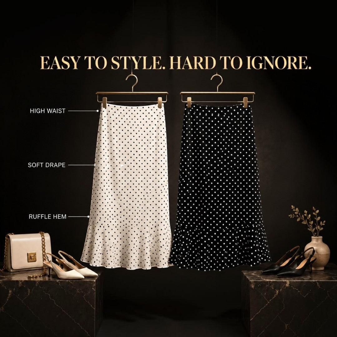 Women’s Polka Dot Midi Skirt | High Waist Mermaid Hem | Ruffle Bottom Pencil Skirt | Black White Cafe Outfit | Feminine Office Daily Wear