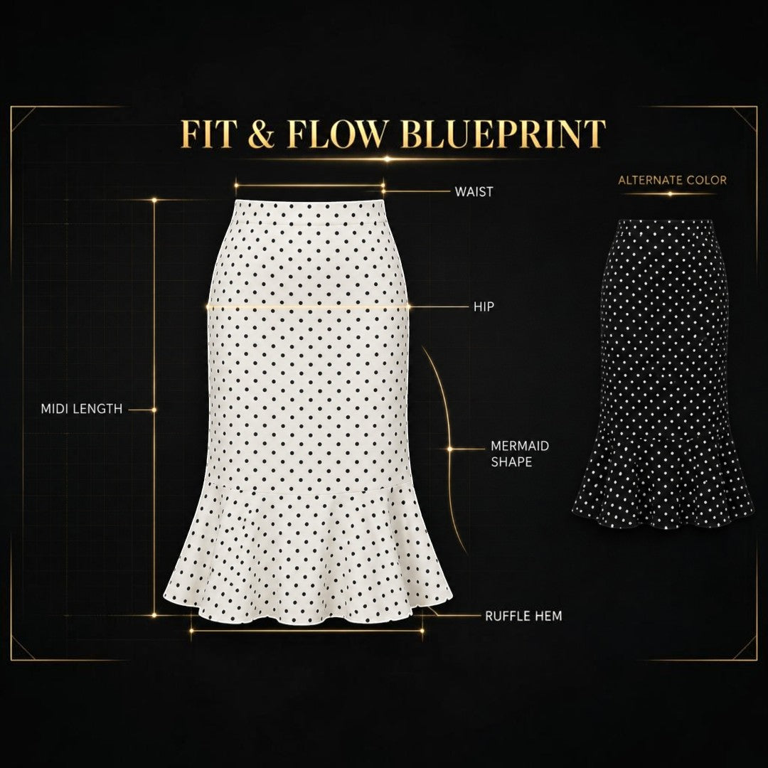 Women’s Polka Dot Midi Skirt | High Waist Mermaid Hem | Ruffle Bottom Pencil Skirt | Black White Cafe Outfit | Feminine Office Daily Wear