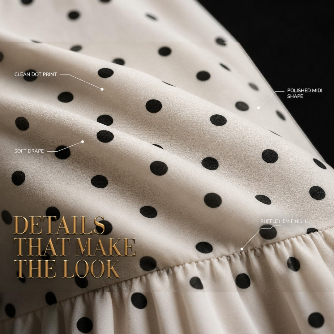 Women’s Polka Dot Midi Skirt | High Waist Mermaid Hem | Ruffle Bottom Pencil Skirt | Black White Cafe Outfit | Feminine Office Daily Wear