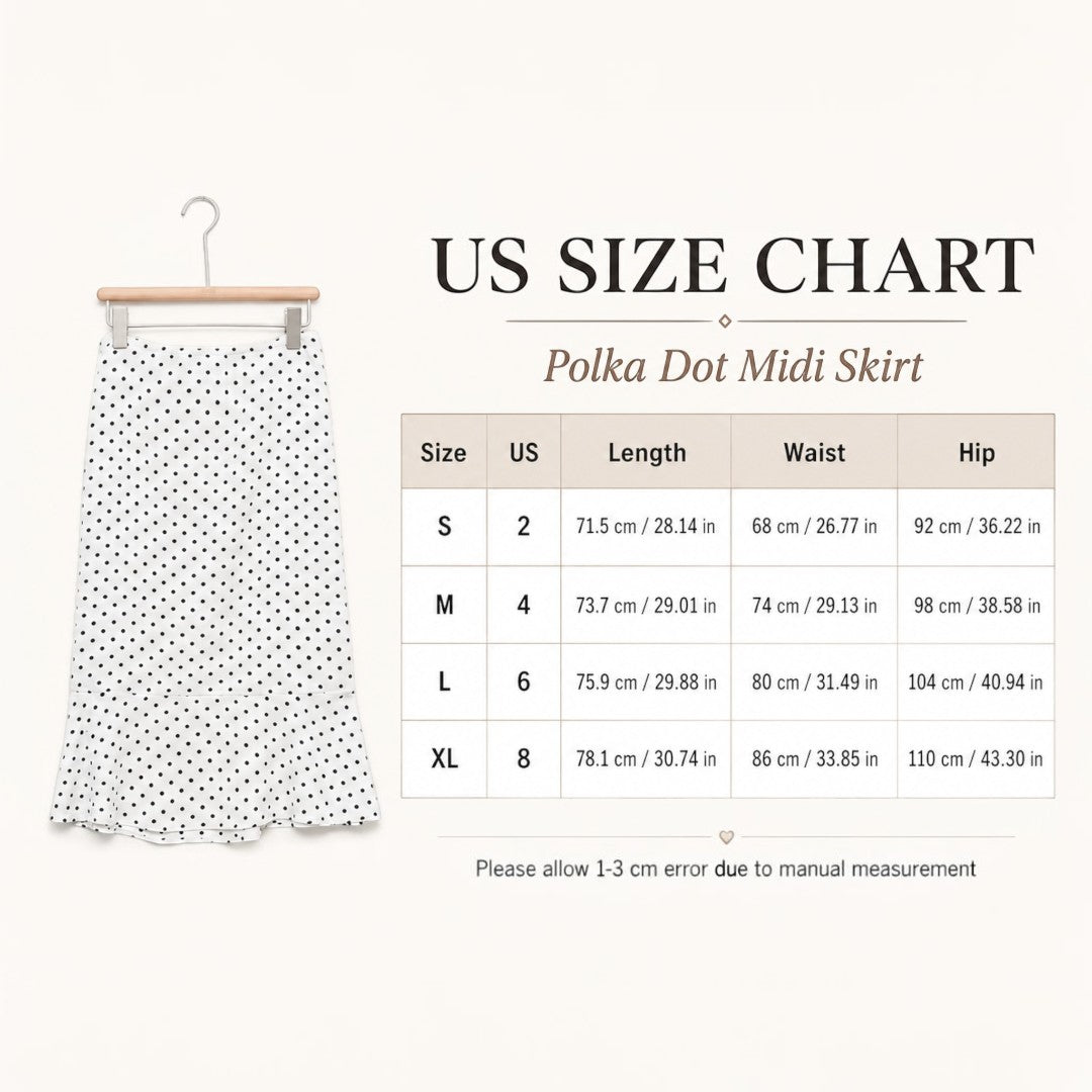 Women’s Polka Dot Midi Skirt | High Waist Mermaid Hem | Ruffle Bottom Pencil Skirt | Black White Cafe Outfit | Feminine Office Daily Wear