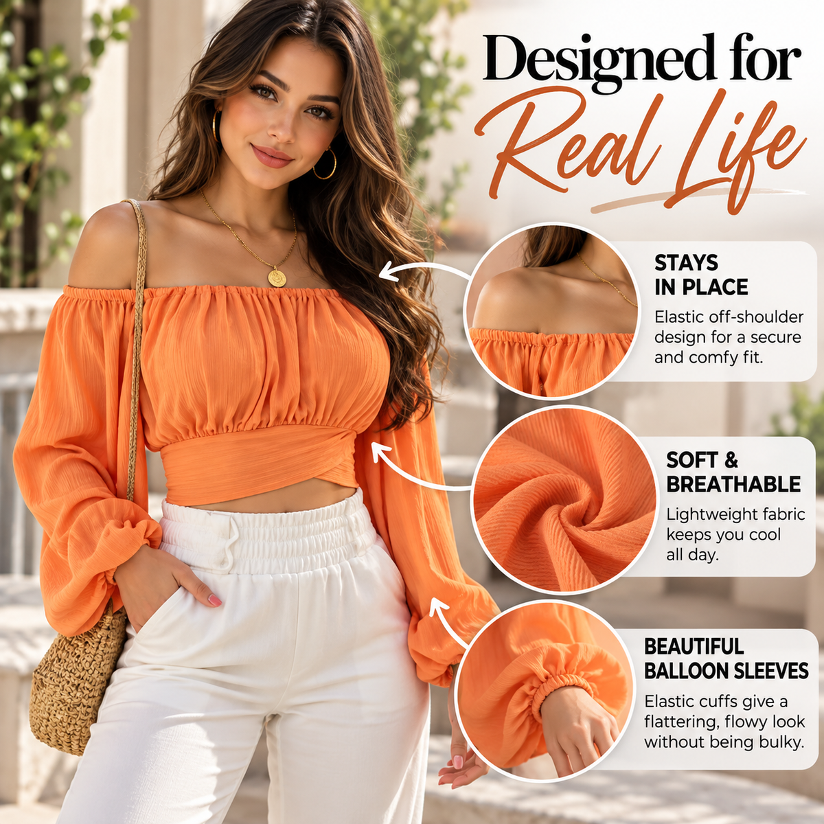 Off Shoulder Floral Crop Top Women Boho Blouse Long Sleeve Smocked Waist Cute Summer Top Lightweight Airy Fit