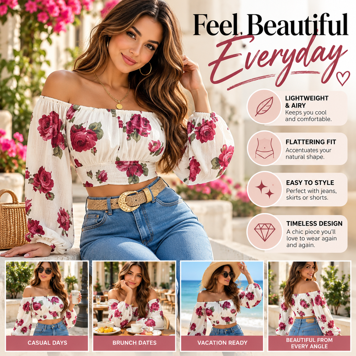 Off Shoulder Floral Crop Top Women Boho Blouse Long Sleeve Smocked Waist Cute Summer Top Lightweight Airy Fit