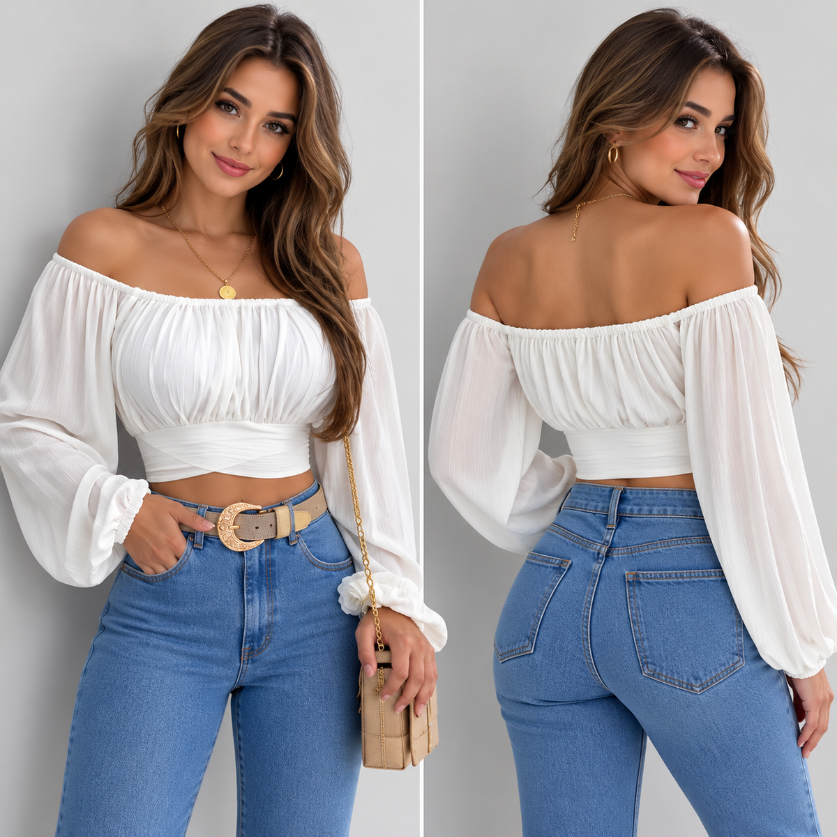 Off Shoulder Floral Crop Top Women Boho Blouse Long Sleeve Smocked Waist Cute Summer Top Lightweight Airy Fit