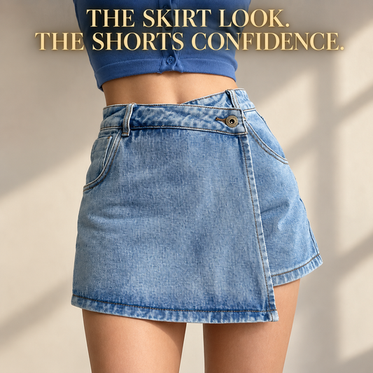 Women’s Denim Skort | High Waist Wrap Front Mini Skirt Shorts | Light Blue Casual Jean Skort | Asymmetric Everyday Bottoms