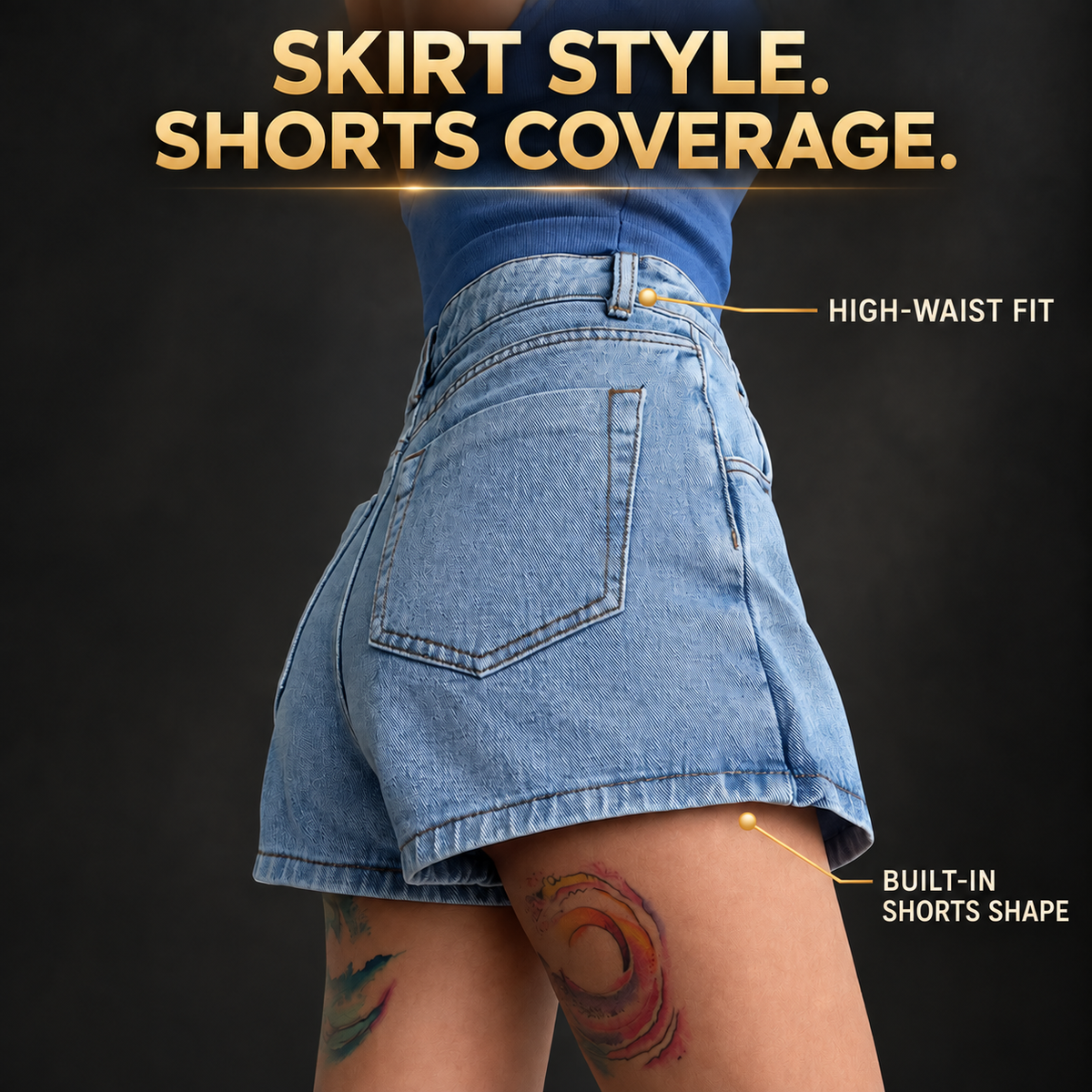 Women’s Denim Skort | High Waist Wrap Front Mini Skirt Shorts | Light Blue Casual Jean Skort | Asymmetric Everyday Bottoms