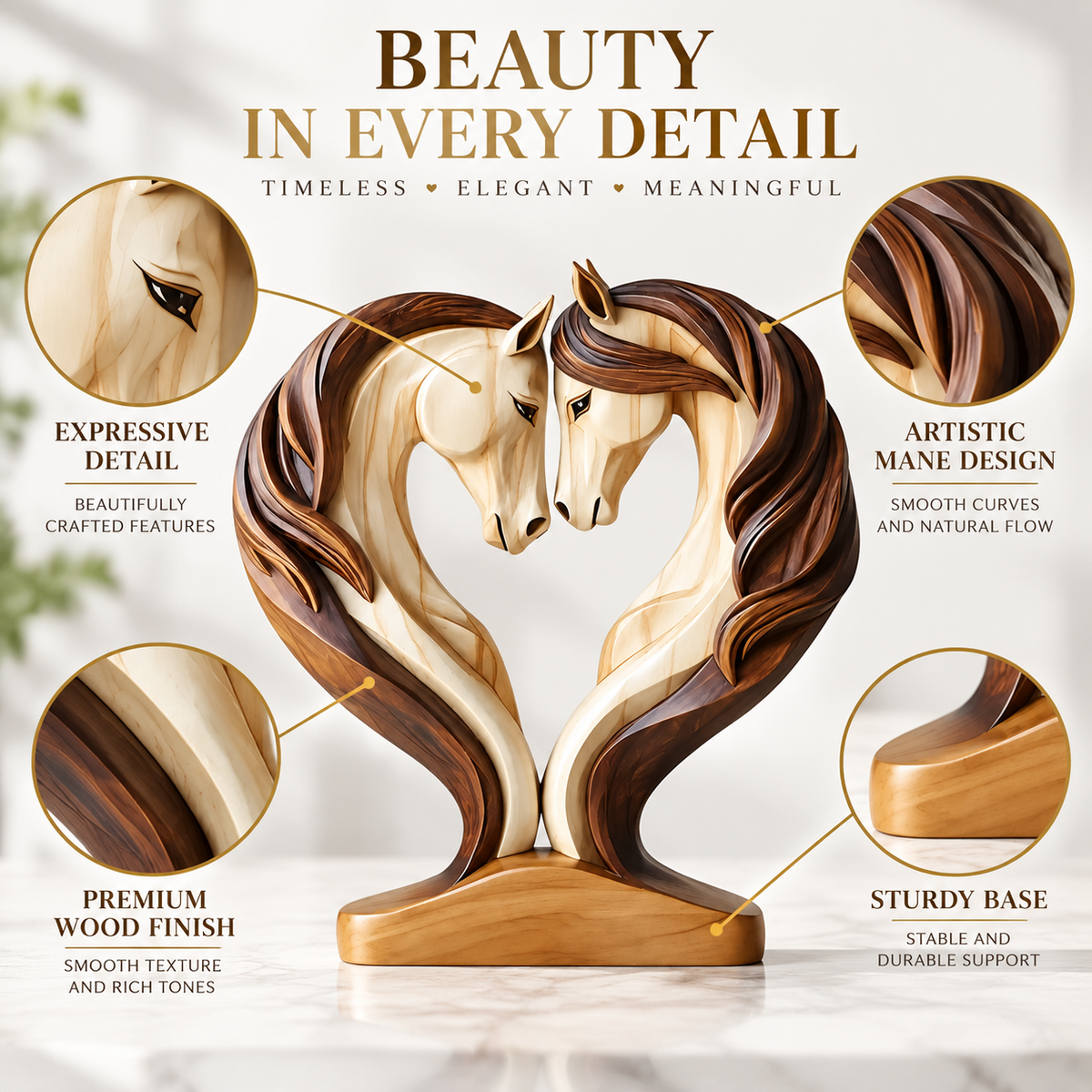 Horse Couple Sculpture Wooden Figurine Modern Animal Decor Shelf Desk Home Office Ornament Gift