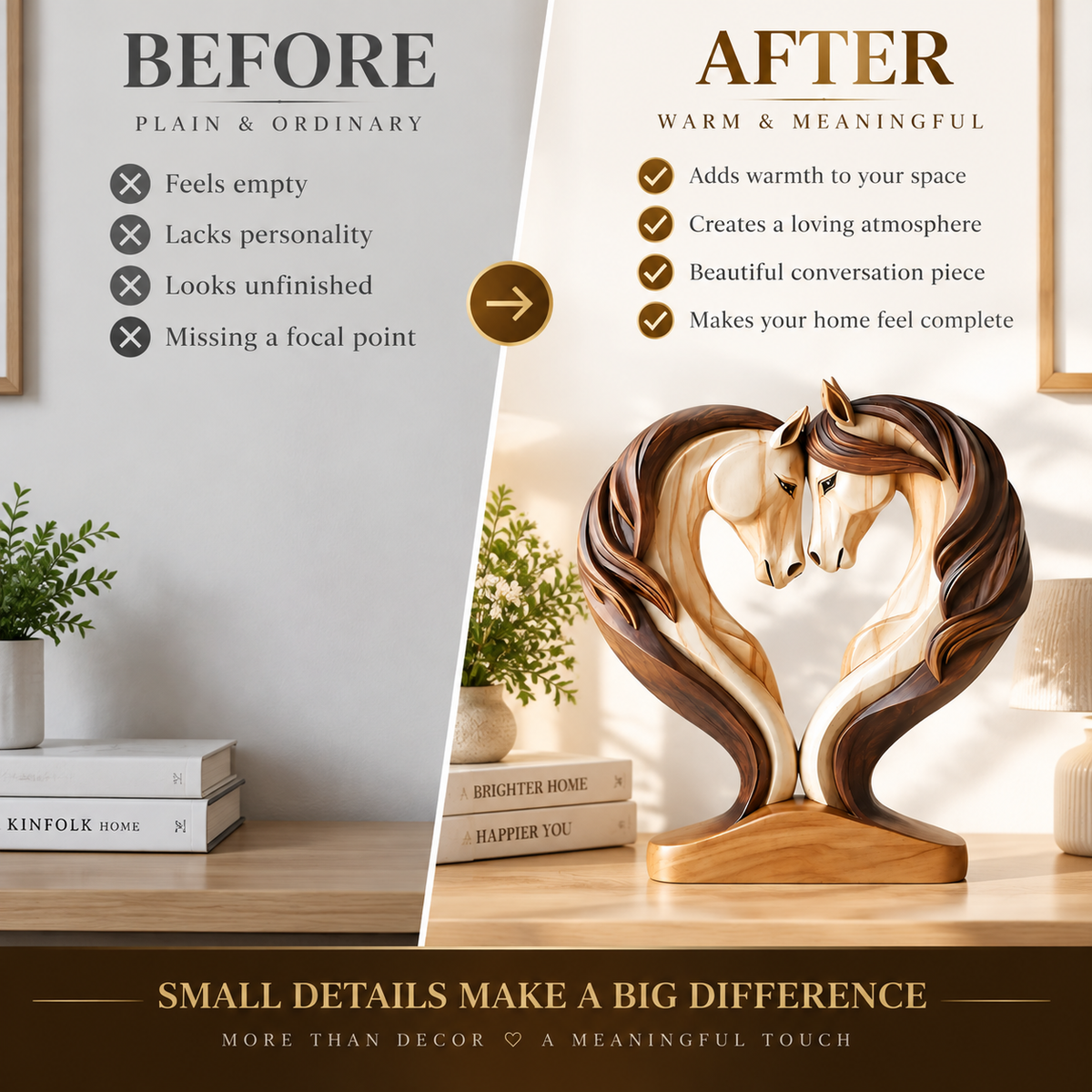 Horse Couple Sculpture Wooden Figurine Modern Animal Decor Shelf Desk Home Office Ornament Gift