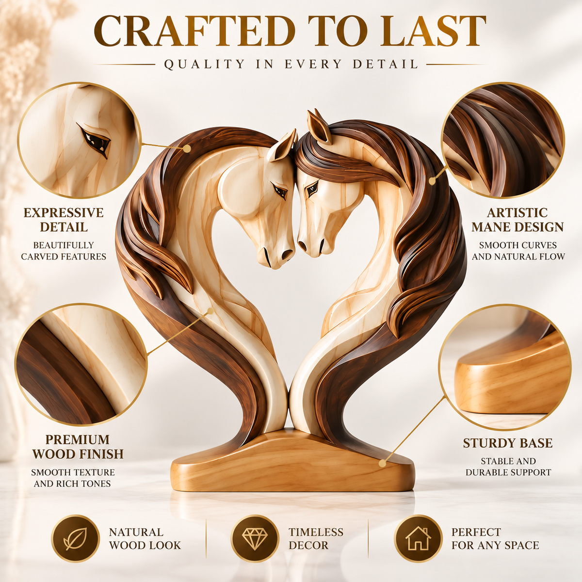 Horse Couple Sculpture Wooden Figurine Modern Animal Decor Shelf Desk Home Office Ornament Gift