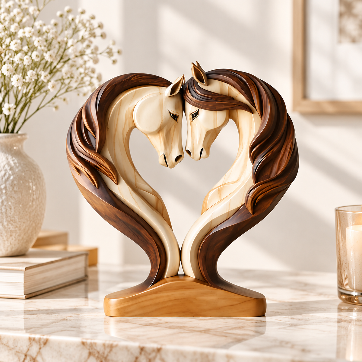 Horse Couple Sculpture Wooden Figurine Modern Animal Decor Shelf Desk Home Office Ornament Gift