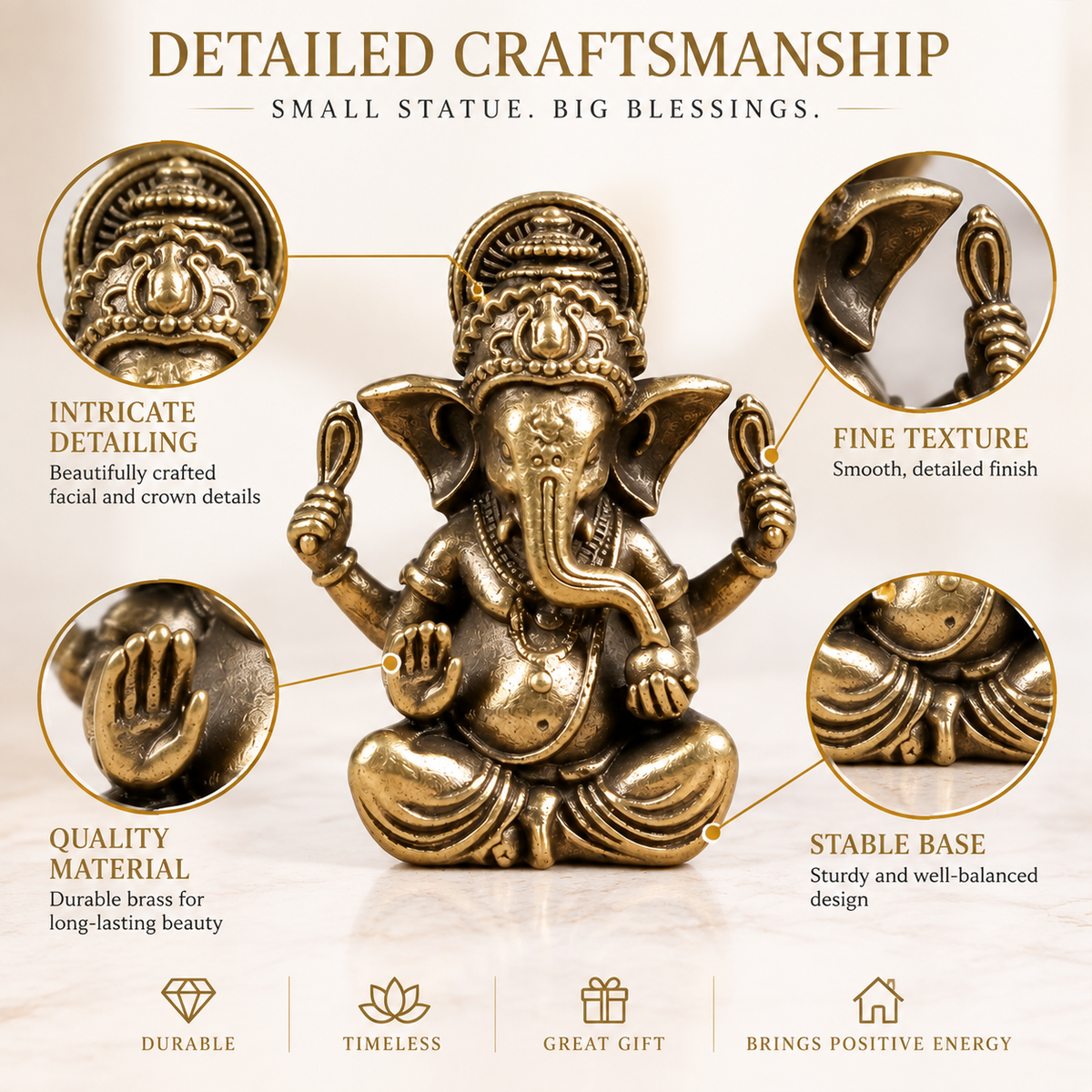 Brass Elephant Figurine Vintage Animal Statue Desk Decor Shelf Ornament Spiritual Gift Sculpture
